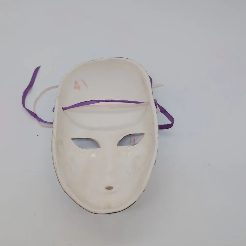 Decorative Ceramic Harlequin Mask with Purple Ribbon